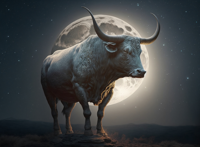 Taurus the Bull standing in front of a large Moon